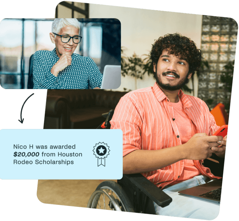 Man in wheelchair smiling and woman smiling at laptop