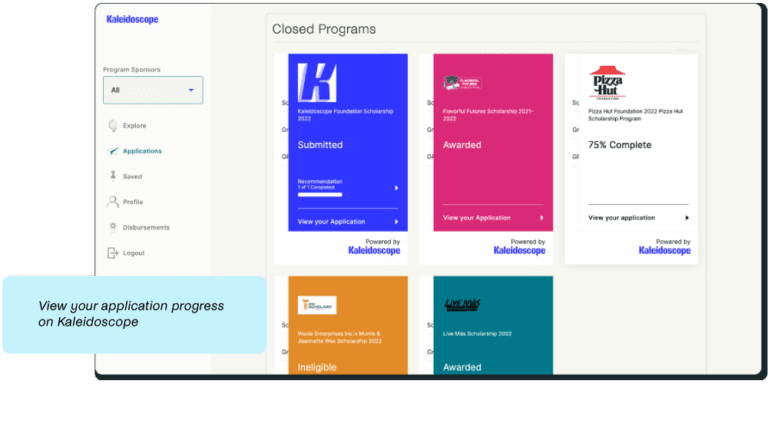 Kaleidoscope platform screenshot of application progress