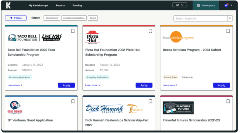 Kaleidoscope platform screenshot of scholarship dashboard