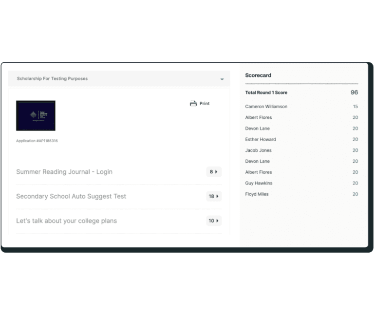 Scorecard for scholarships in platform